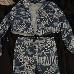 Fashion Nova Blue and White Graphic Jacket